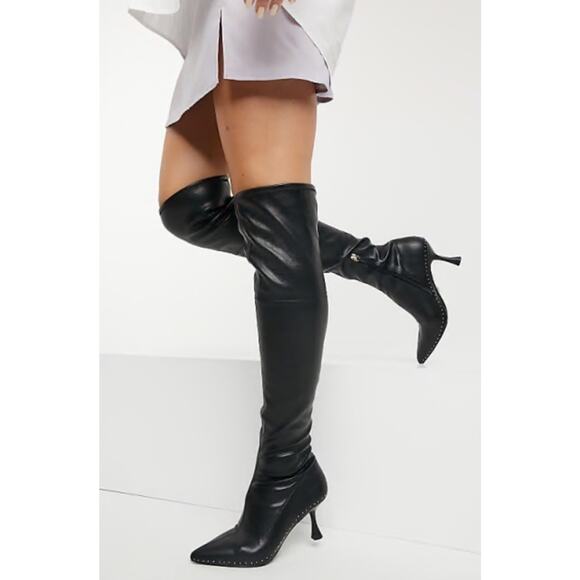Kurt Geiger London Black Faux Leather Thigh High Boots Pointed Toe sz US 10 - Picture 2 of 7